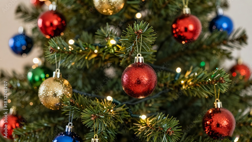 Fototapeta premium Close-up of a decorated Christmas tree with colorful ornaments and twinkling lights