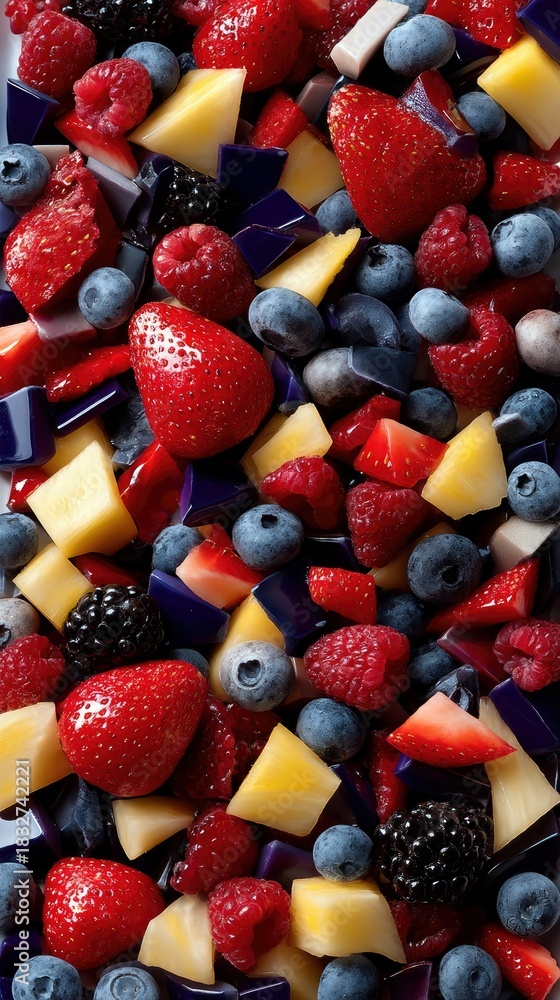 Obraz premium Overhead shot of a vibrant mix of fresh fruits including strawberries, blueberries, raspberries, blackberries, and pineapple.