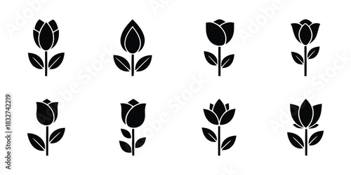 Elegant black flower icons Simple illustrations of blossoming blooms in various styles