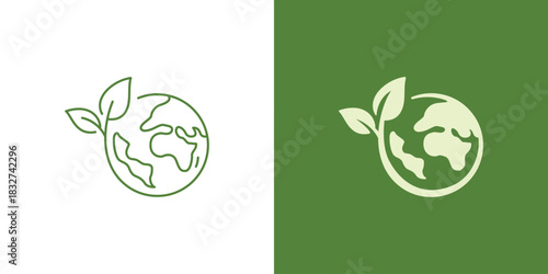 Green Earth Leaf Logo Design with Globe and Leaf Grow Symbol for Sustainability, Environmental Protection, World Environment Day and saving planet signs