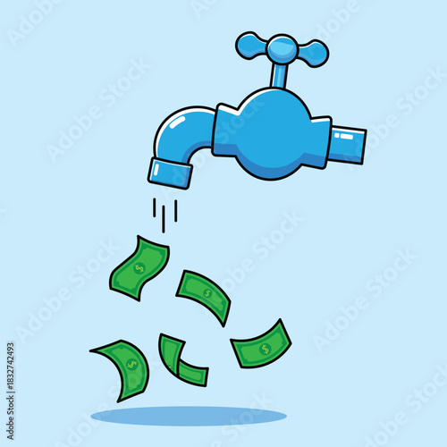 Flat cartoon illustration of money flowing out of a water tap on a blue background