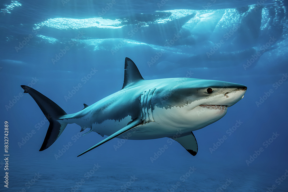 Fototapeta premium Great White Shark in Ocean with Sun Rays Above underwater