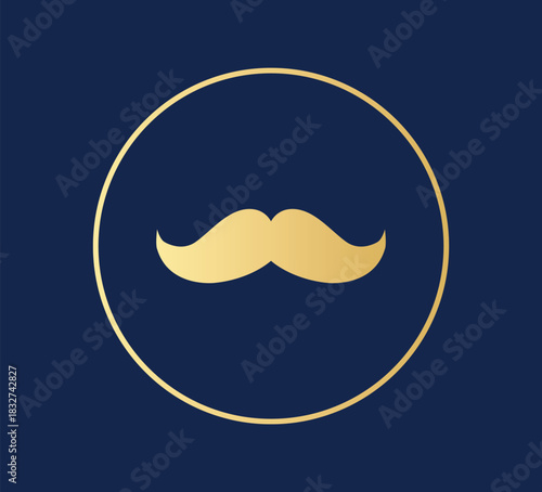 Elegant golden mustache icon symbol inside a thin gold circle on a deep navy blue background representing masculinity and style, Adobe Illustrator Artwork