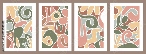 Collection of contemporary art posters in pastel colors. Abstract paper cut geometric elements and strokes, leaves and dots. Great deisgn for social media, postcards, print.