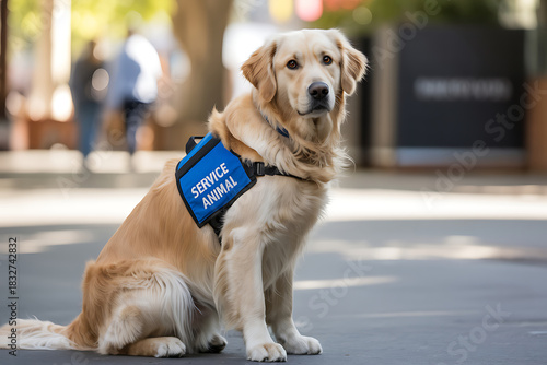 Golden Retriever service dog sits outdoors service animal