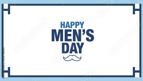 Happy mens day celebration graphic with stylized mustache and decorative border in blue and white tones