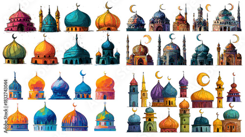 Colorful illustration set of domes and towers inspired by traditional Islamic architecture, featuring crescents, ornate shapes, and vibrant colors for cultural design themes.