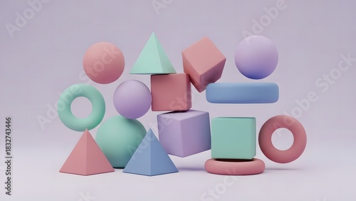 matte 3D geometric objects floating on soft pastel background, minimal composition, abstract design asset, perfect for layouts