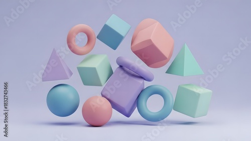 matte 3D geometric objects floating on soft pastel background, minimal composition, abstract design asset, perfect for layouts