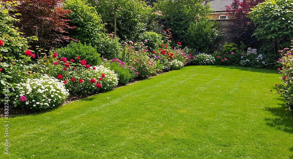 Fototapeta premium Lush Green Lawn and Vibrant Flower Beds in a Beautifully Maintained Garden on a Sunny Day.