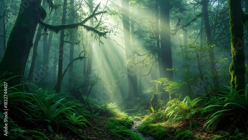mysterious foggy forest, lush green tones, atmospheric lighting, calming nature scenery, cinematic aesthetic