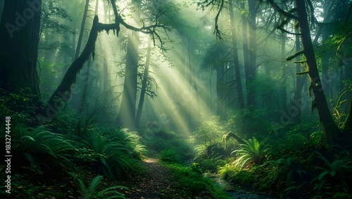 mysterious foggy forest, lush green tones, atmospheric lighting, calming nature scenery, cinematic aesthetic