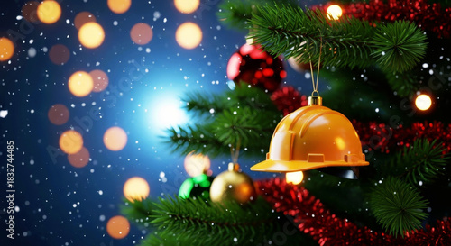 Yellow construction hard hat ornament hangs on a Christmas tree. Festive holiday decoration for workers and industry celebration concept.