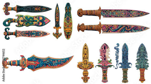 Colorful decorative knife illustration set inspired by traditional patterns, featuring intricate blades and ornate handles. Ideal for folklore, fantasy, and cultural design themes.