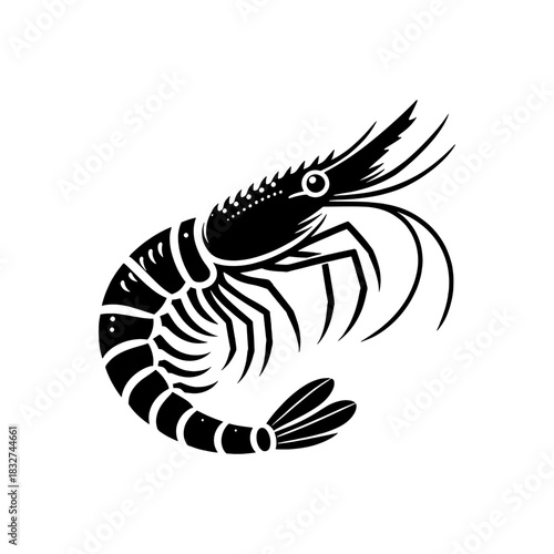 Monochrome Vector Silhouette of a Single Shrimp or Prawn Seafood Delicacy