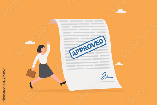 business paperwork approval, Paper Document with Approved Seal Stamp, happy businesswoman with document approve illustration suitable to describe about request accept or legal certified document
