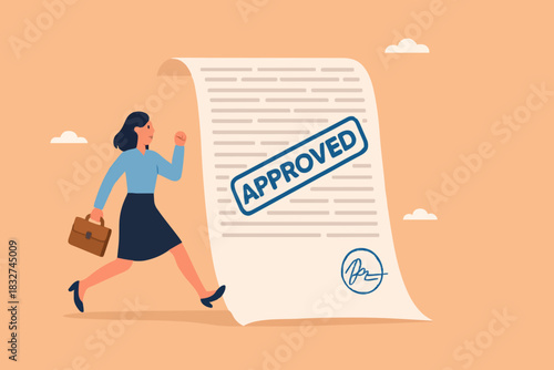 business paperwork approval, Paper Document with Approved Seal Stamp, happy businesswoman with document approve illustration suitable to describe about request accept or legal certified document