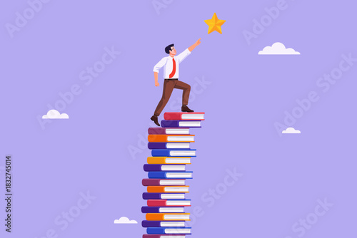 education to achieve hope of success in business, hope of career development progress with knowledge, improve literacy, Smart businessmen climb the stacks of books to reach stars of business success