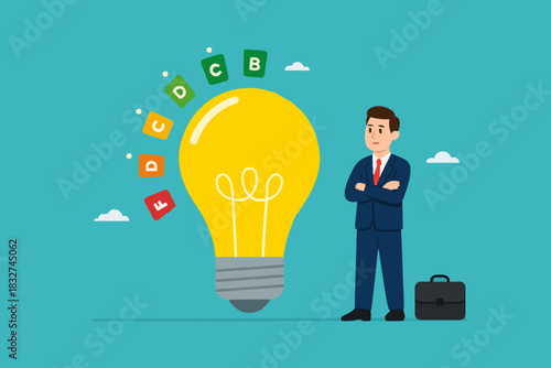 energy efficiency, energy saving level on a home or industrial scale, man presents lightbulb with energy efficient rating class to save cost green energy