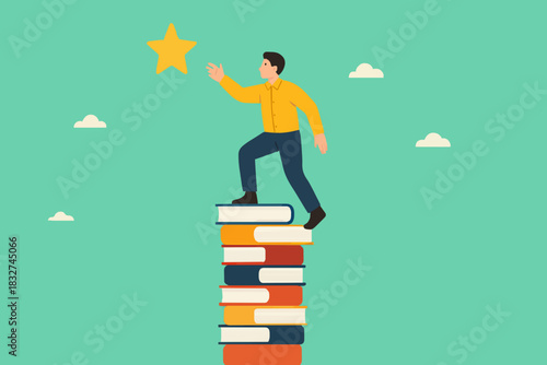 education to achieve hope of success in business, hope of career development progress with knowledge, improve literacy, Smart businessmen climb the stacks of books to reach stars of business success