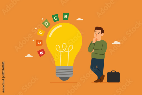 energy efficiency, energy saving level on a home or industrial scale, man presents lightbulb with energy efficient rating class to save cost green energy