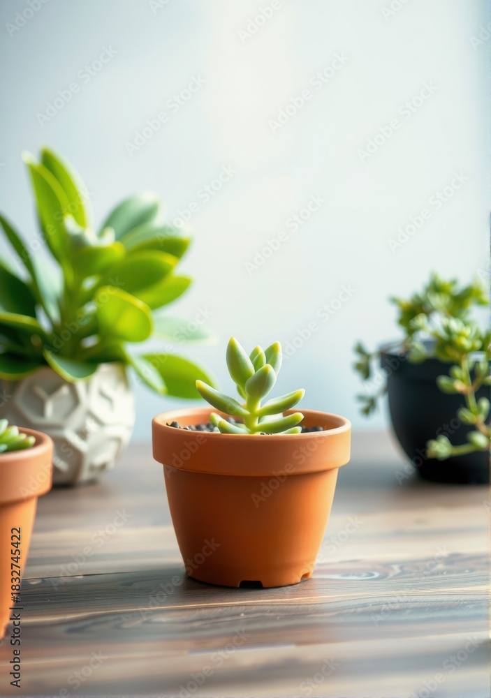 Obraz premium Potted succulent plant arrangement, isolated object on wooden table, indoor environment, no people.
