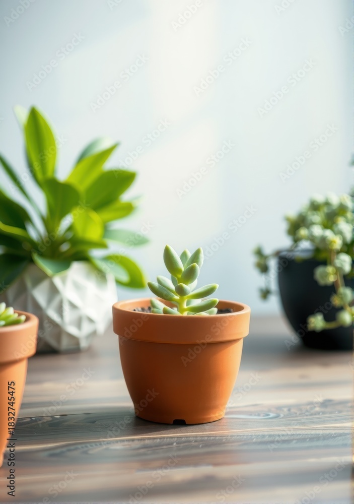 Fototapeta premium Succulent in a terracotta pot, with other plants on a wooden table.