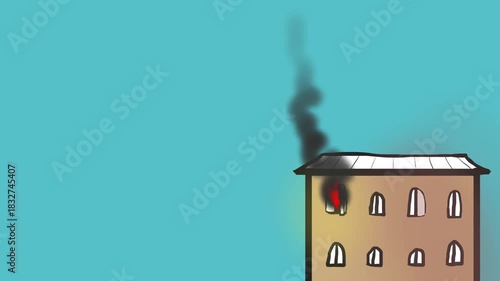 A fire has broken out in one of the apartments or interior spaces of a multi-story building. Flames are pouring out of an open window, creating heavy smoke.