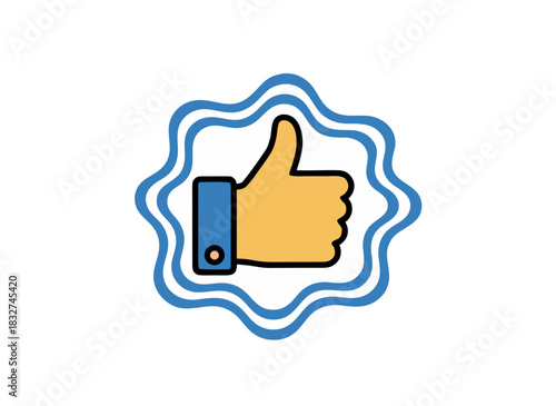 Flat Vector Illustration Of A Yellow Hand Giving A Thumbs Up Gesture Surrounded By A Blue And White Wavy Border On A Black Background