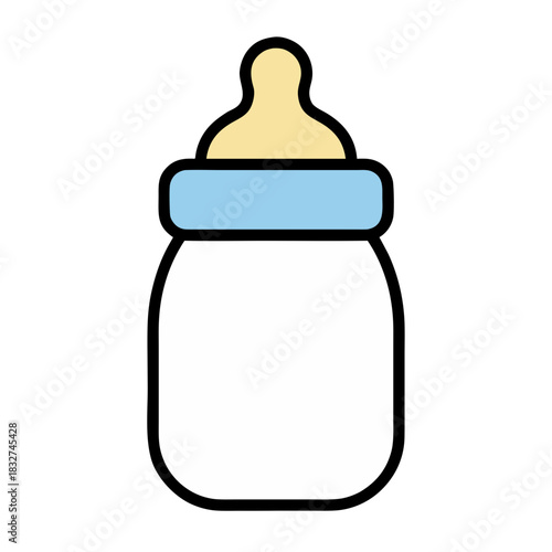 Simple Cartoon Baby Bottle With Yellow Nipple and Blue Ring on White Background Clean Design Vector Illustration