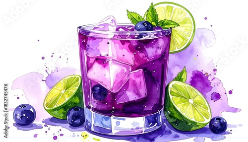Colorful watercolor style painting of a purple drink with ice, limes and blueberries, on white