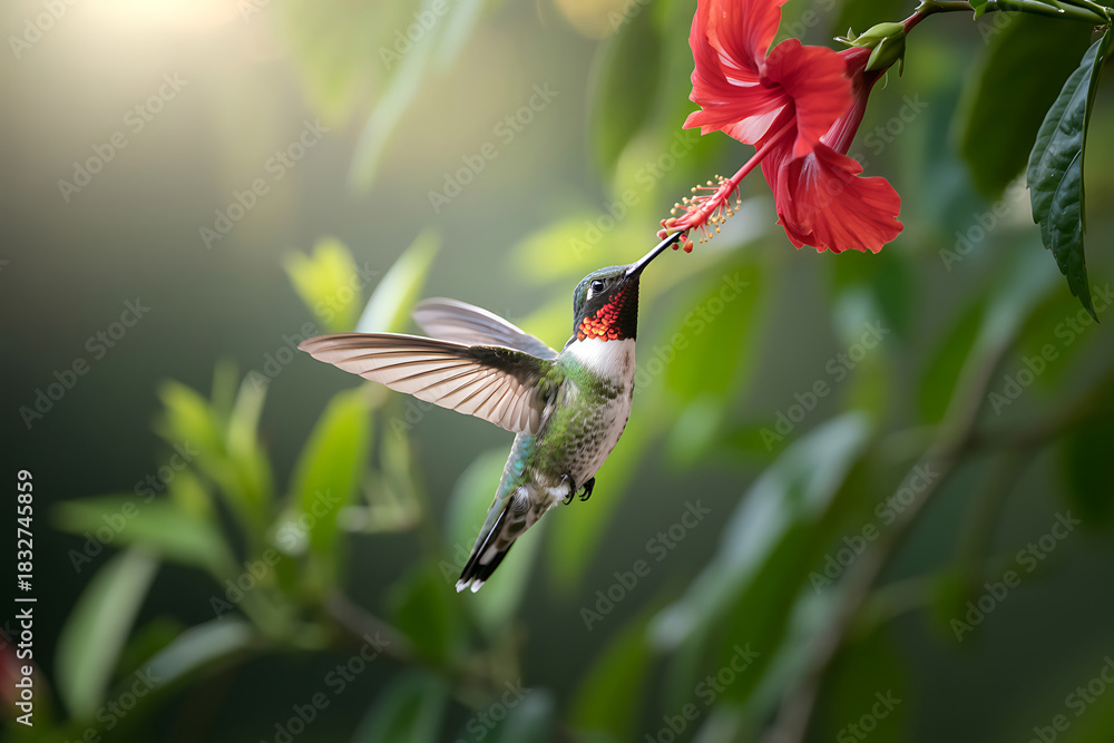 Obraz premium Ruby throated hummingbird feeding on a vibrant red hibiscus