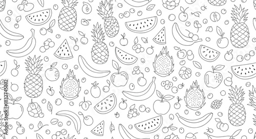 Seamless pattern with hand-drawn tropical fruits and berries in black and white.