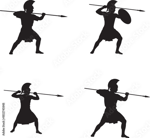 Four spartan warriors silhouettes in fighting stances with spears and shield