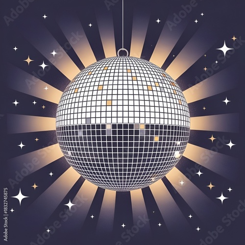 Sparkling Disco Ball with Sunburst and Stars Illustration