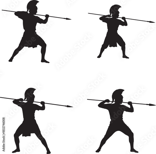Four spartan warriors silhouettes preparing to throw spears in a battle formation