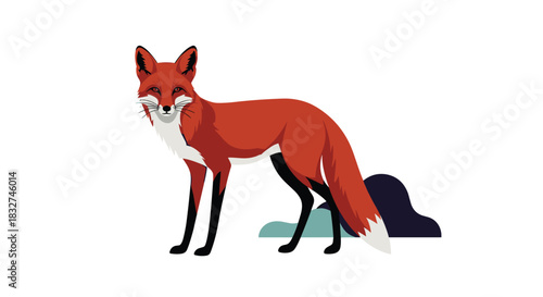 A vibrant red fox stands alert on a white background with abstract shapes behind it.