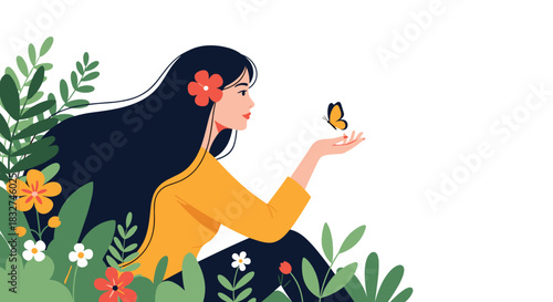 A serene woman adorned with a flower in her hair gently watches a butterfly land on her outstretched hand surrounded by lush green foliage and colorful blossoms in a peaceful garden scene.