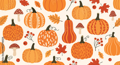 A vibrant autumnal pattern featuring an assortment of pumpkins gourds and colorful fall leaves.