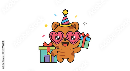 A cute cartoon bear wearing heart-shaped glasses and a party hat holds a gift while surrounded by presents and confetti.