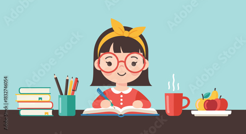 A young girl diligently studies at her desk with books pens and a warm beverage beside her.