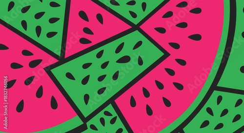 Abstract pattern of vibrant watermelon slices with black seeds.