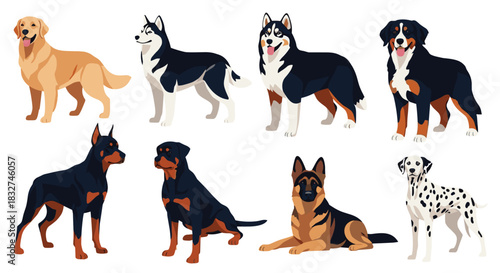 A diverse collection of popular dog breeds illustrated in a charming pixel art style.