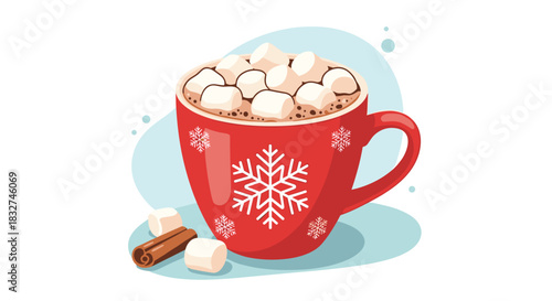 Warm winter beverage with fluffy marshmallows and cinnamon sticks.