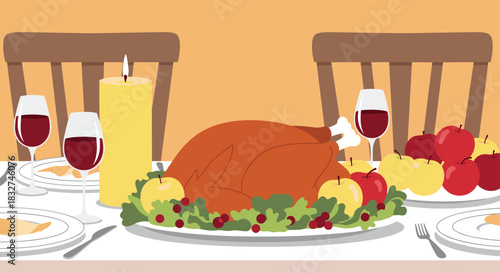 A festive thanksgiving dinner table laden with a roasted turkey and seasonal fruits.