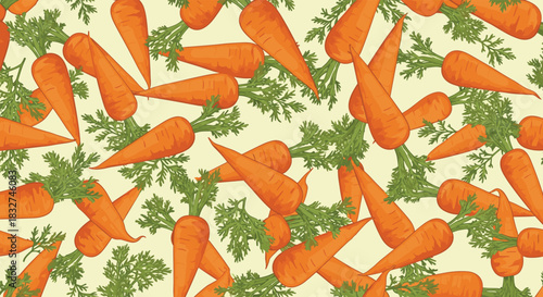 A delightful pattern of fresh carrots with vibrant green tops.