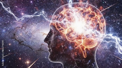 Glowing brain silhouette overlaid on a starfield featuring stylized comets and cosmic clouds