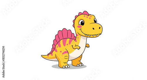 This is a cute illustration of a cartoon dinosaur with orange skin and pink spikes on its back.