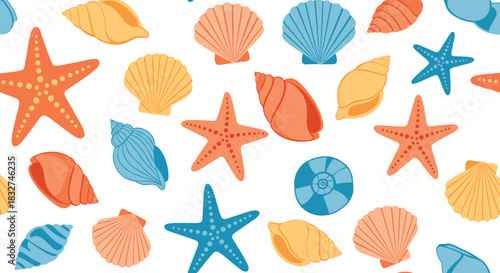 A vibrant seamless pattern featuring a charming collection of colorful seashells and starfish creating a delightful seaside theme.