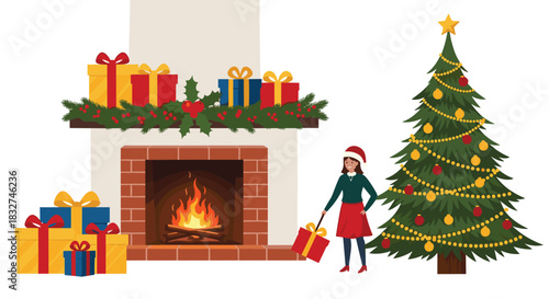 A woman in a Santa hat decorates a christmas tree with gifts by a fireplace.